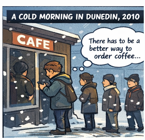 A cold morning in Dunedin, 2010: Adam queueing outside a café on his 15-minute break