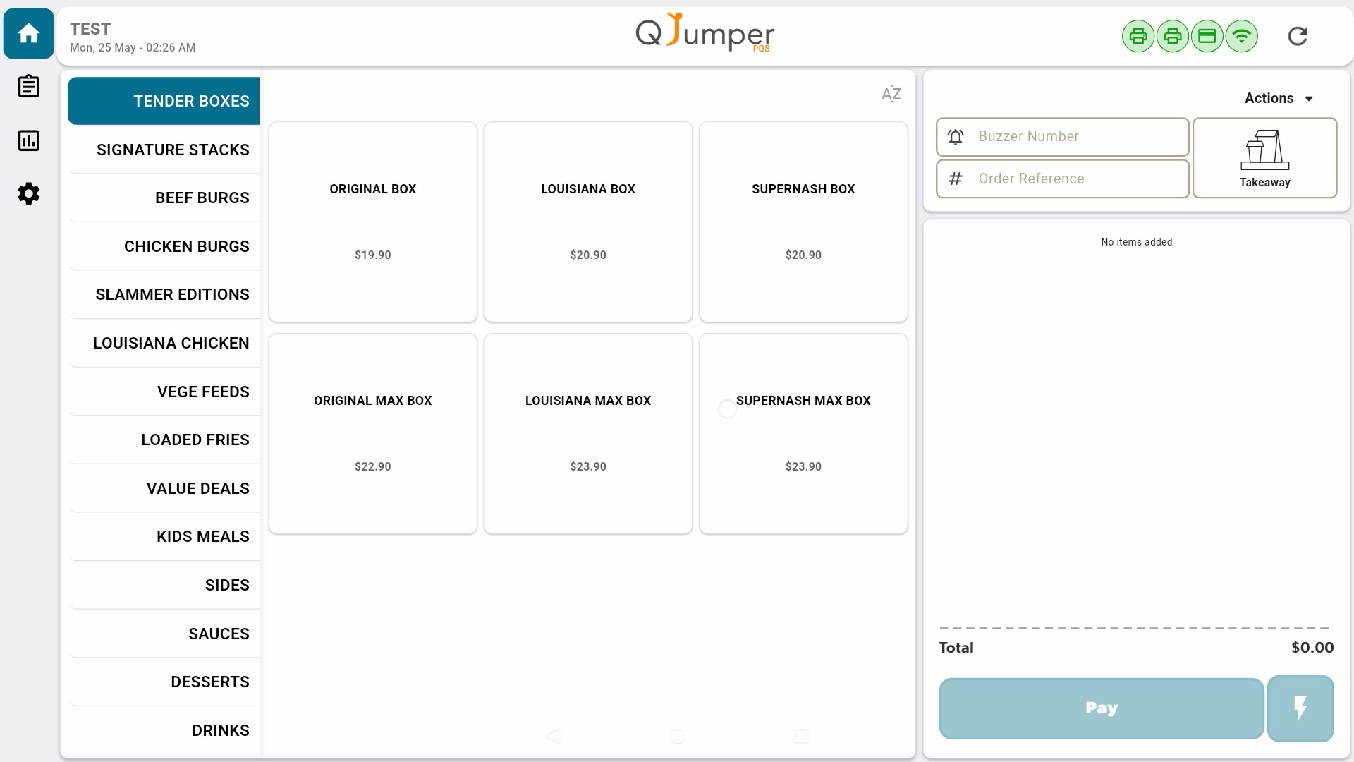 QJumper POS order screen — menu categories and empty cart
