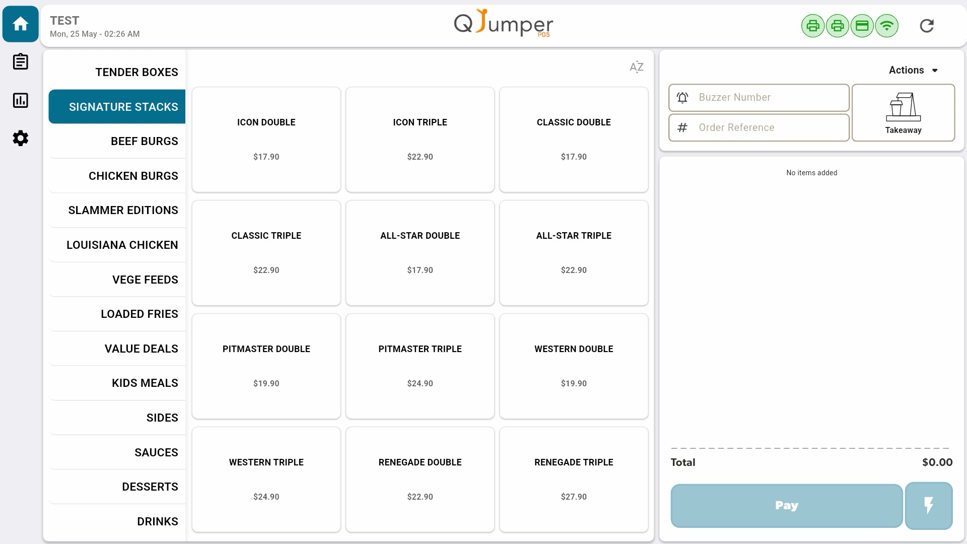 QJumper POS — Signature Stacks menu with items and prices