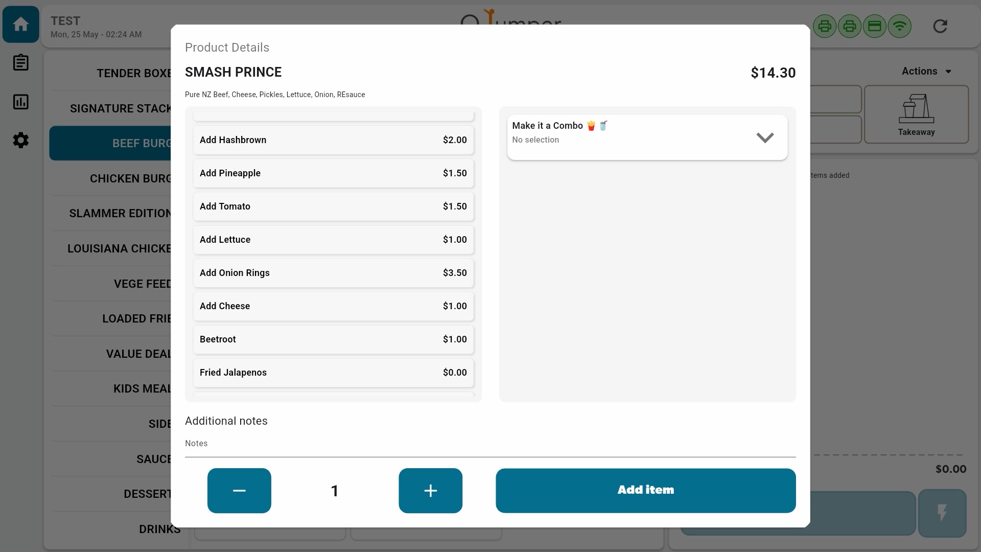 QJumper POS — product detail panel with modifier options