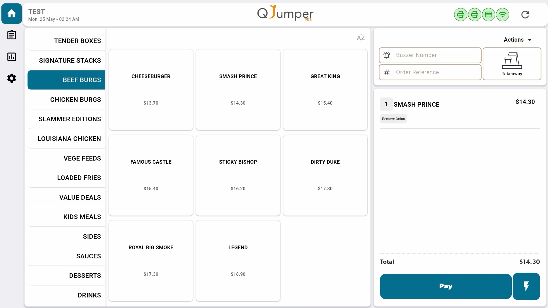 QJumper POS — cart with item added and Pay button ready