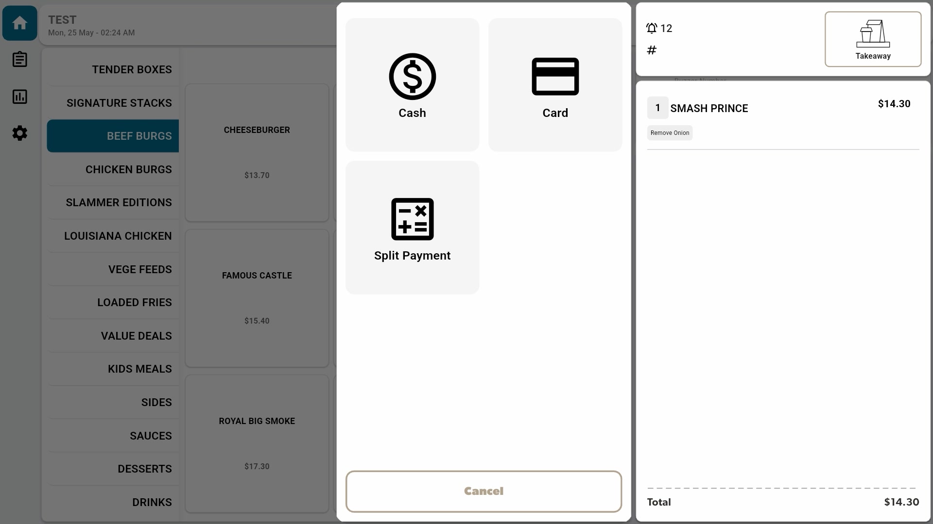 QJumper POS — payment type selection: Cash, Card, Split