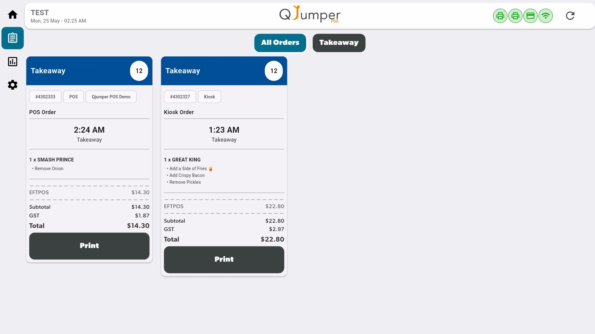 QJumper POS — orders view showing POS and kiosk orders together