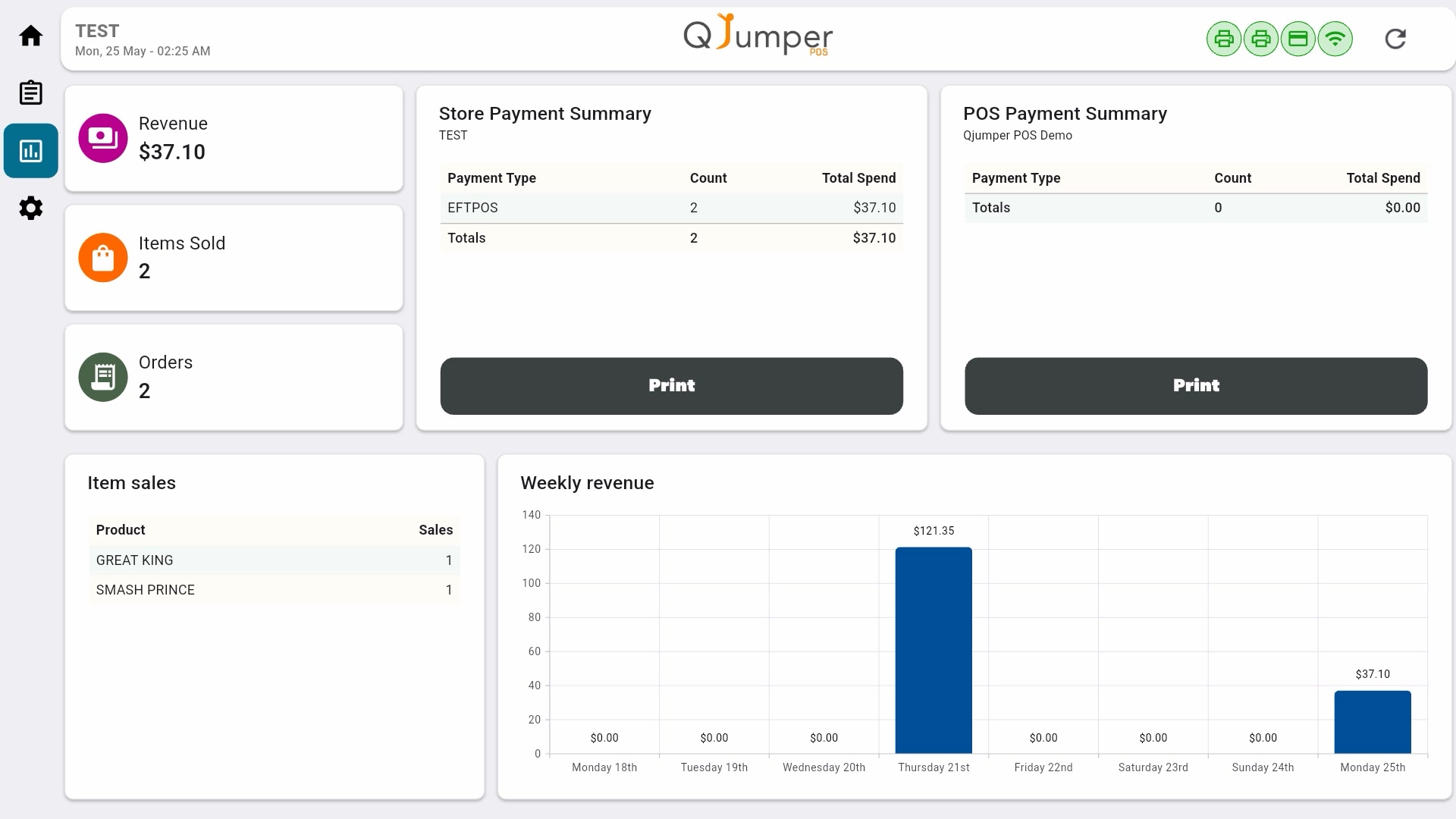 QJumper POS — reporting dashboard with weekly revenue chart