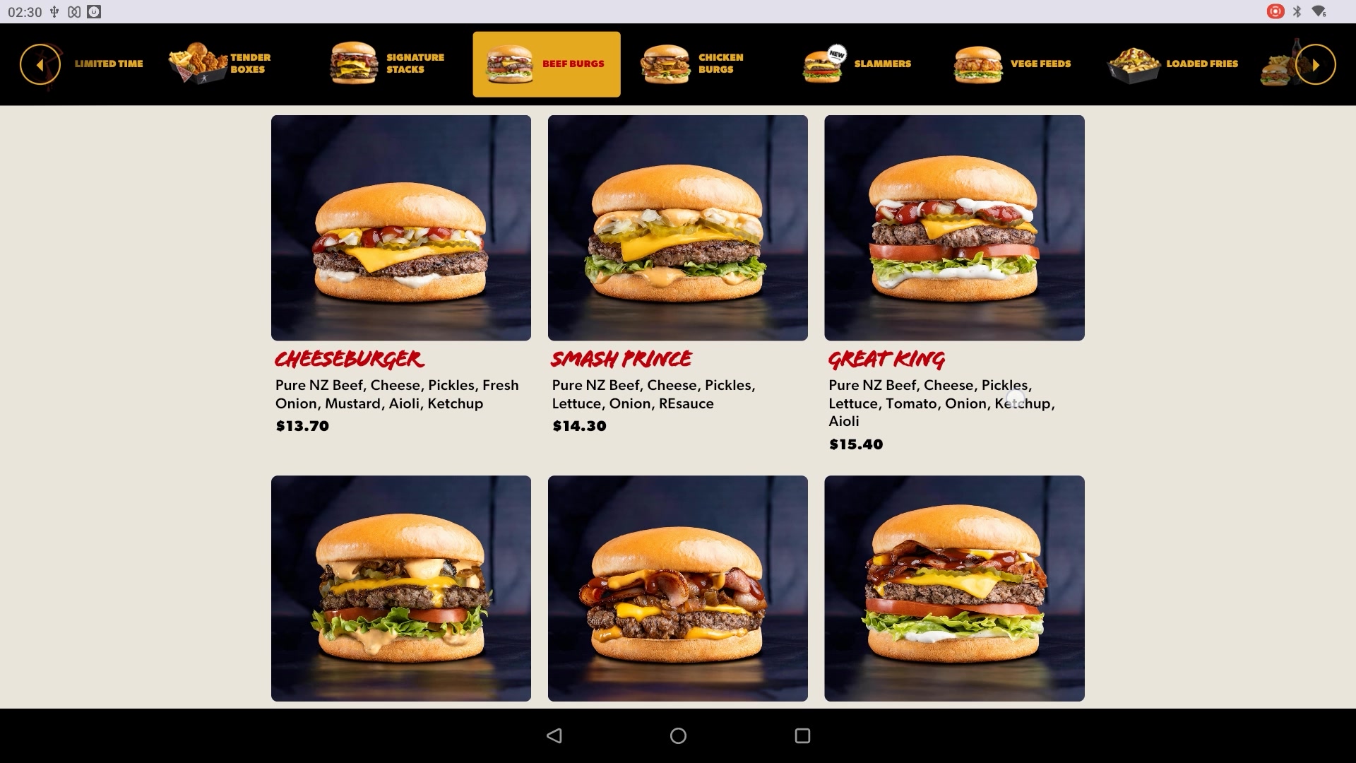 Full menu grid with item photos and prices