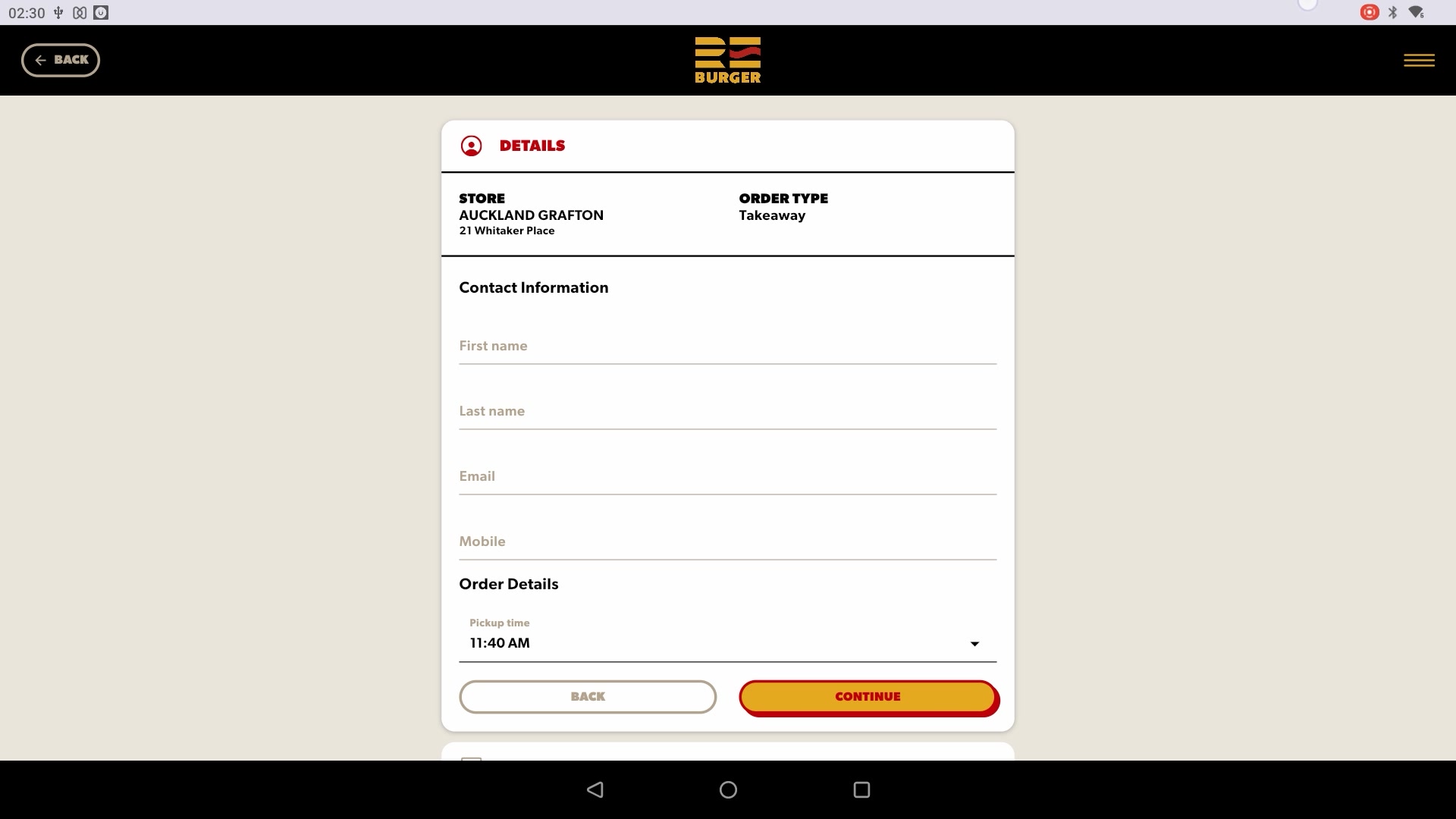 Checkout — contact details and pickup time